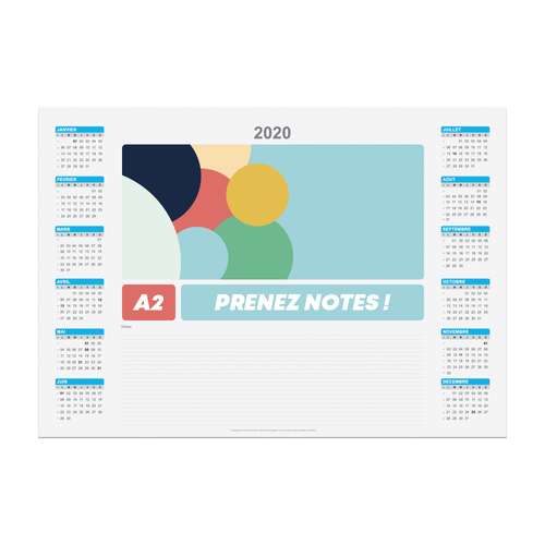 Sous-main calendrier - Sous-main calendrier publicitaire 2020 avec zone d'annotation A2 - Notes - Pandacola