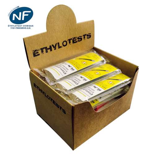 Ethylotests - Présentoir pour 25 éthylotests jetables certifiés NF personnalisés avec embout fabriqué en France - Pandacola
