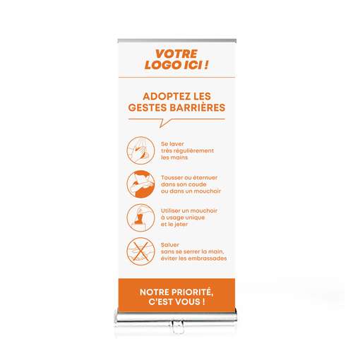 Roll-up - Roll Up publicitaire marquage recto/verso Gestes Barrières 85x200 cm - Arvadabou - Pandacola