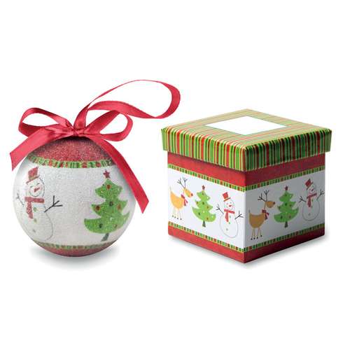 Boules de Noël - Boule de noël publicitaire bonhomme de neige perlée avec boîte cadeau - Boliperle - Pandacola