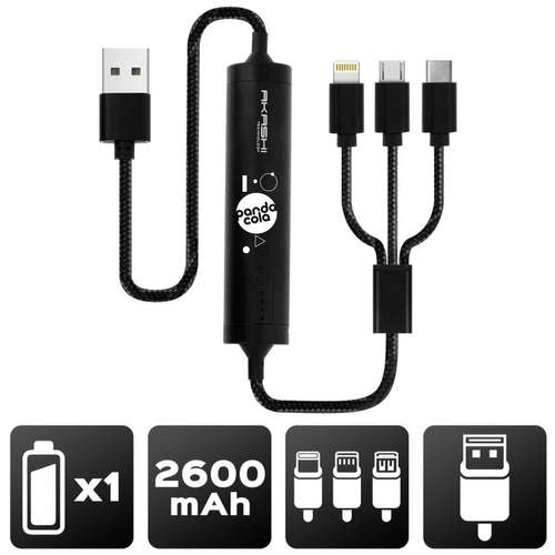 Batteries de secours classiques - Câble 3 en 1 avec batterie Intégrée, connectique lightning Apple, USB-C, Micro-USB, 2600 mAh | Akashi - Pandacola