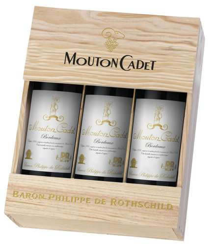 Bouteilles de vin - Caisse bois 3 bouteilles de vin Mouton Cadet Héritage 2017 - Pandacola