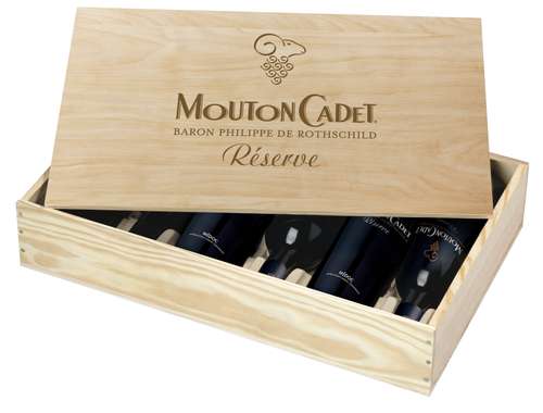 Bouteilles de vin - Caisse bois de 6 bouteilles de vin Médoc Réserve Mouton Cadet 2016 - Pandacola