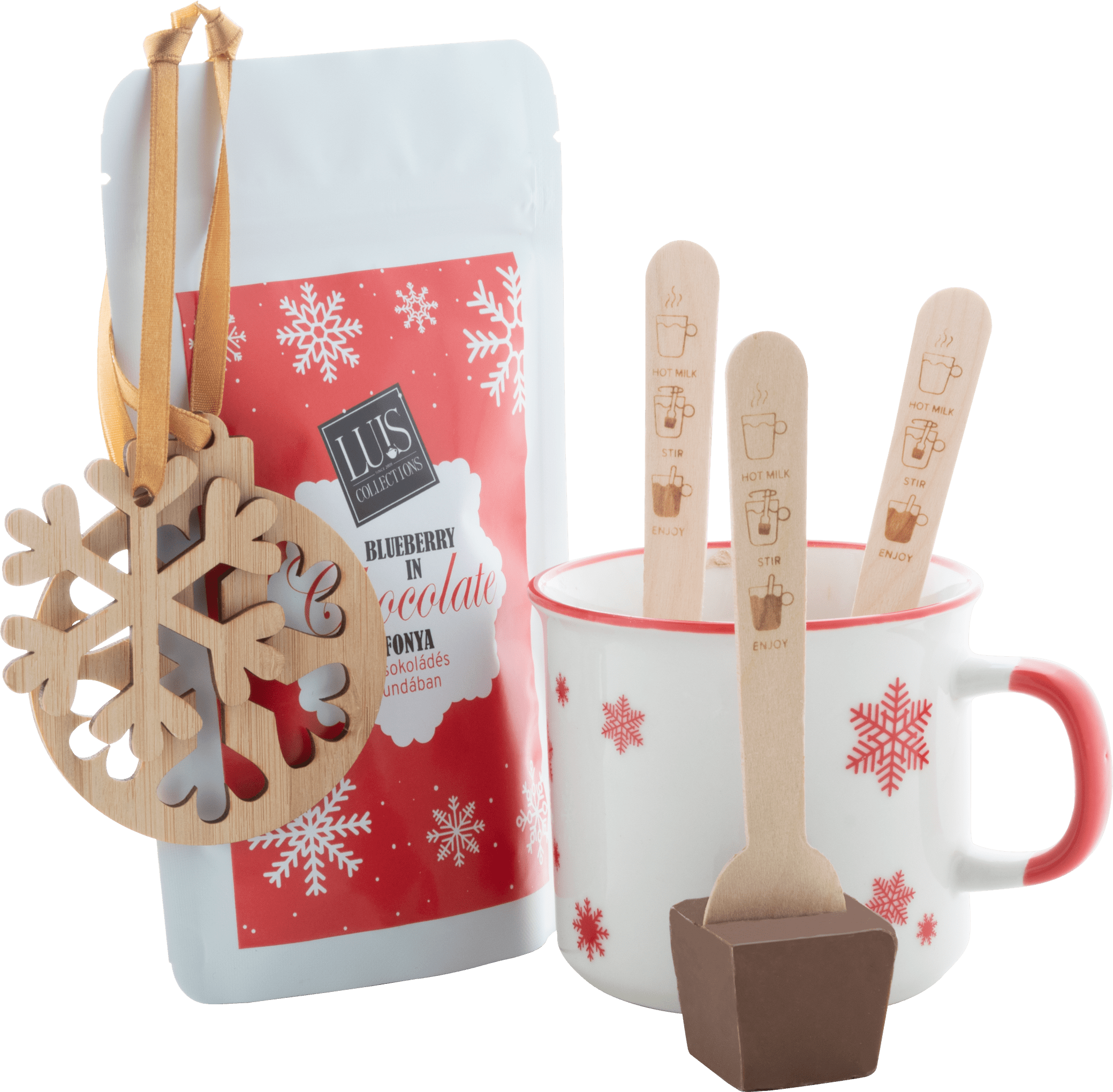Coffret cadeau Noël avec tasse, thé, miel et flocon de Noël