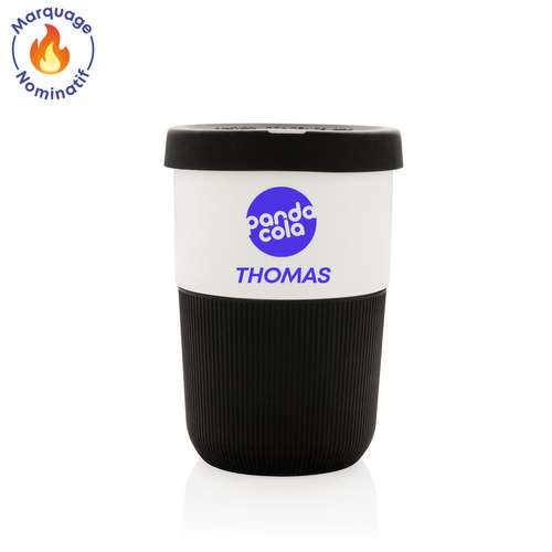 Tasses à café - Tasse publicitaire avec prénom éco-responsable 380 ml avec couvercle  - Corlegro Own - Pandacola